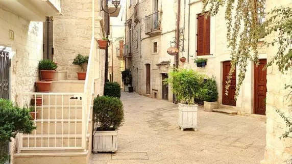 Vicolo del centro storico di Terlizzi, in Puglia, tra edifici in pietra, scale e piante.